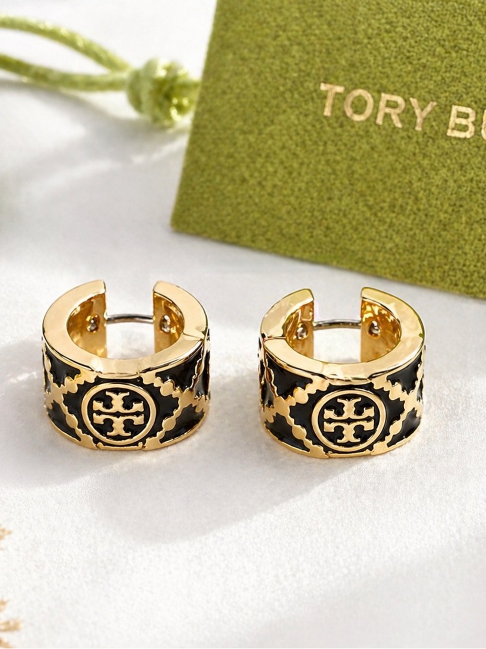 Tory Burch Black Enamel Gold Hoop Earrings Logo Small Hoops NWT